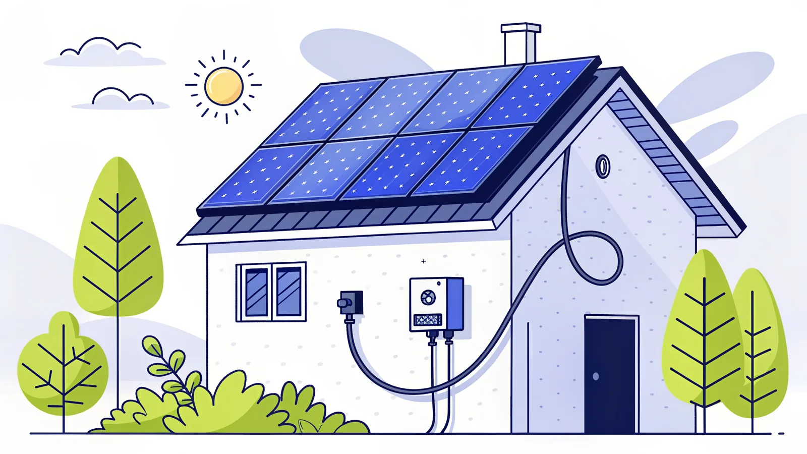Panneaux photovoltaïques sur un toit raccordés au compteur électrique d'une maison