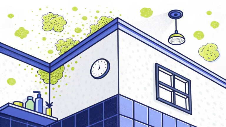 Angle de mur de salle de bain touché par l'humidité et les moisissures