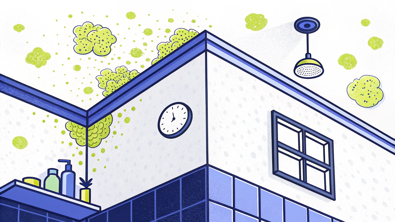 Angle de mur de salle de bain touché par l'humidité et les moisissures