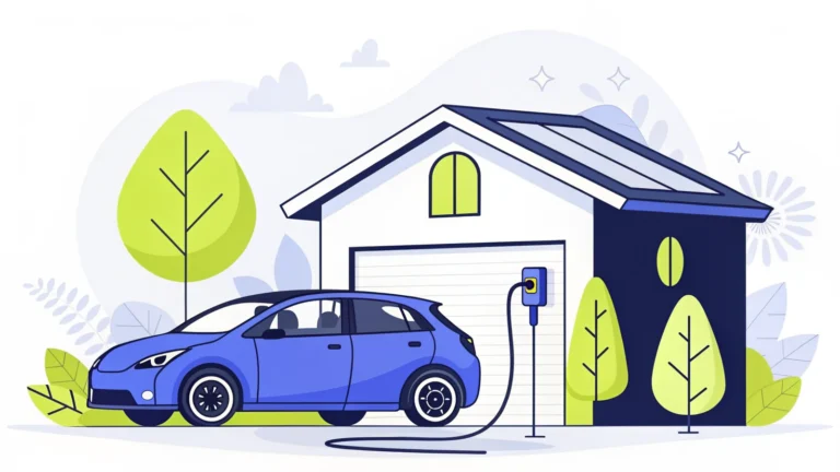 Voiture électrique branchée à une borne de recharge murale devant une maison