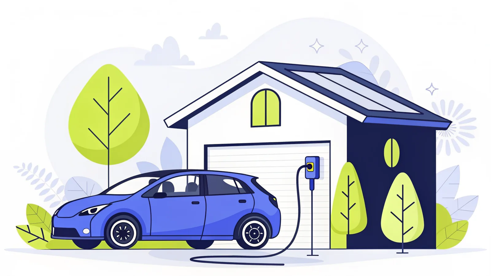 Voiture électrique branchée à une borne de recharge murale devant une maison