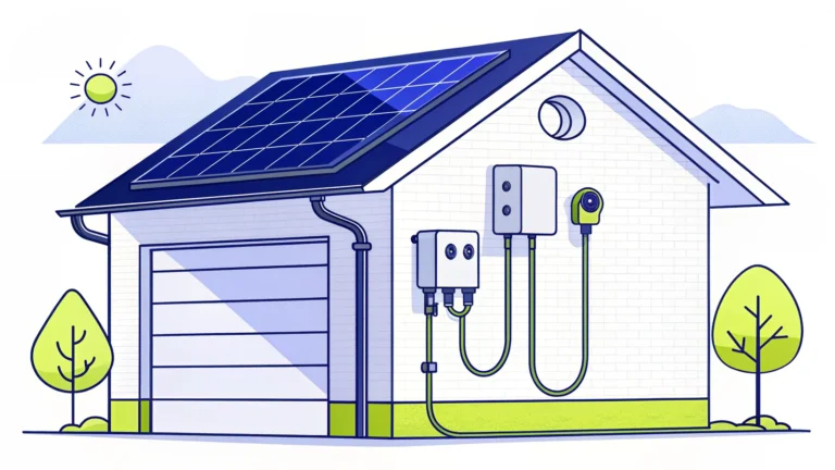 Batterie domestique murale reliée à des panneaux solaires sur le toit d'une maison